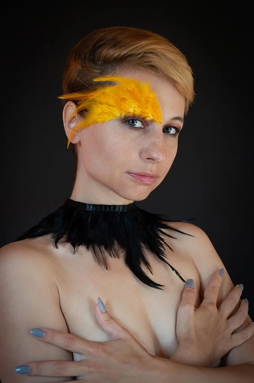 woman, model, portrait, feathers