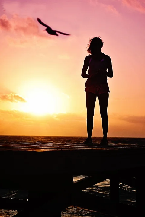 woman, silhouette, sunrise, beach