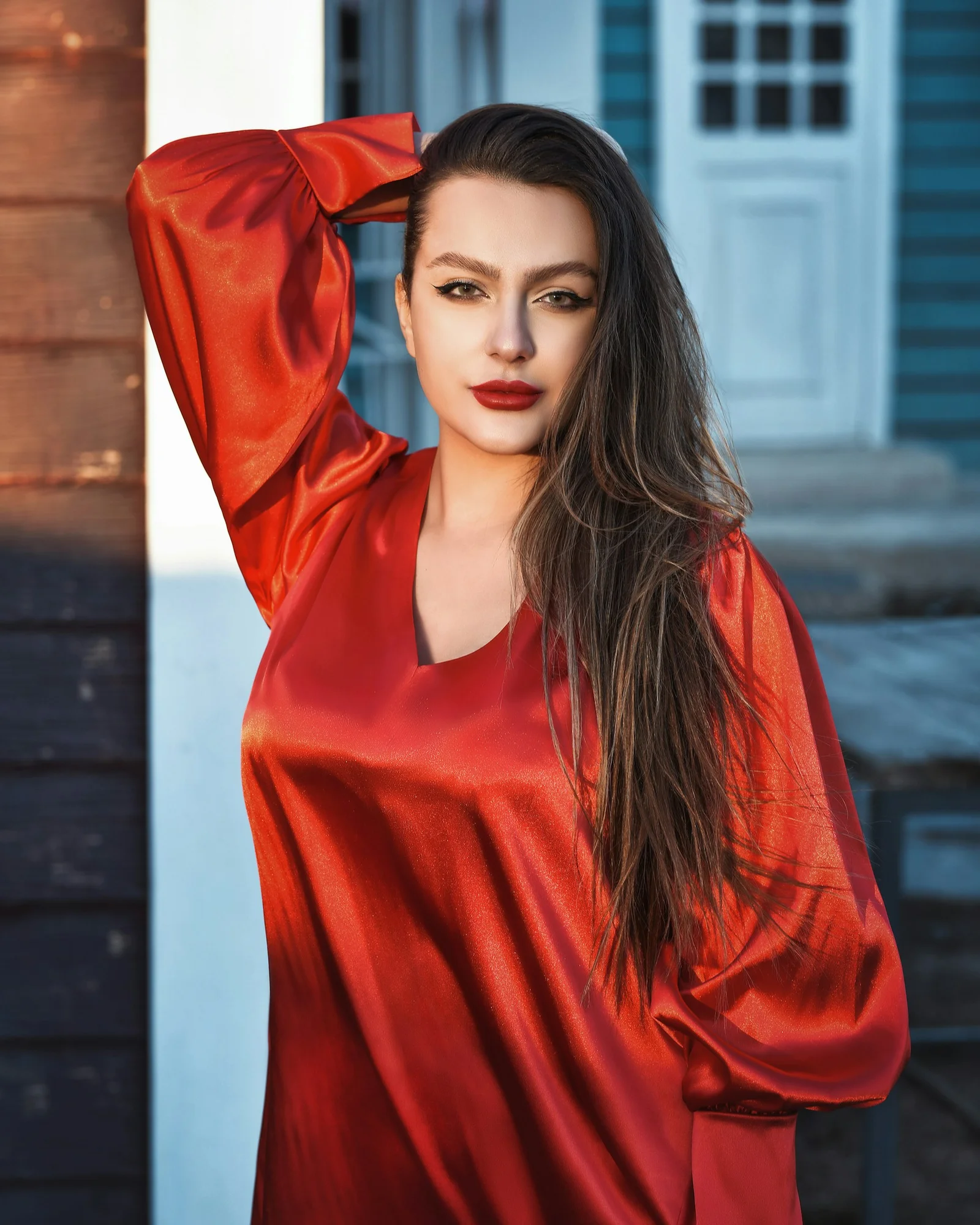 woman in red long sleeve shirt