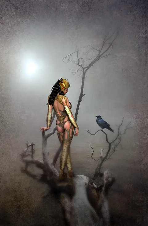 fantasy, landscape, amazone, crow