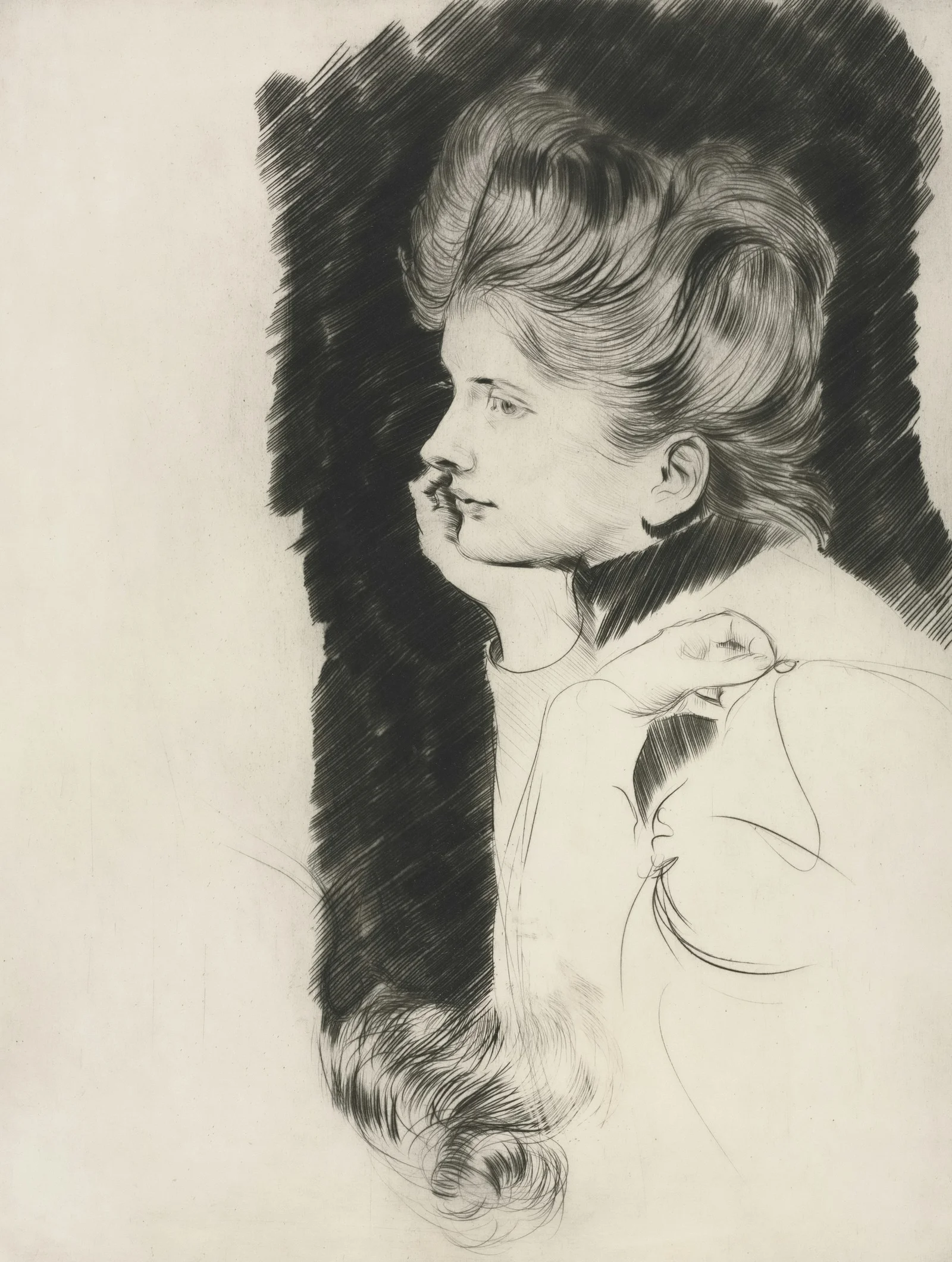 Elegant woman in profile with hand to chin