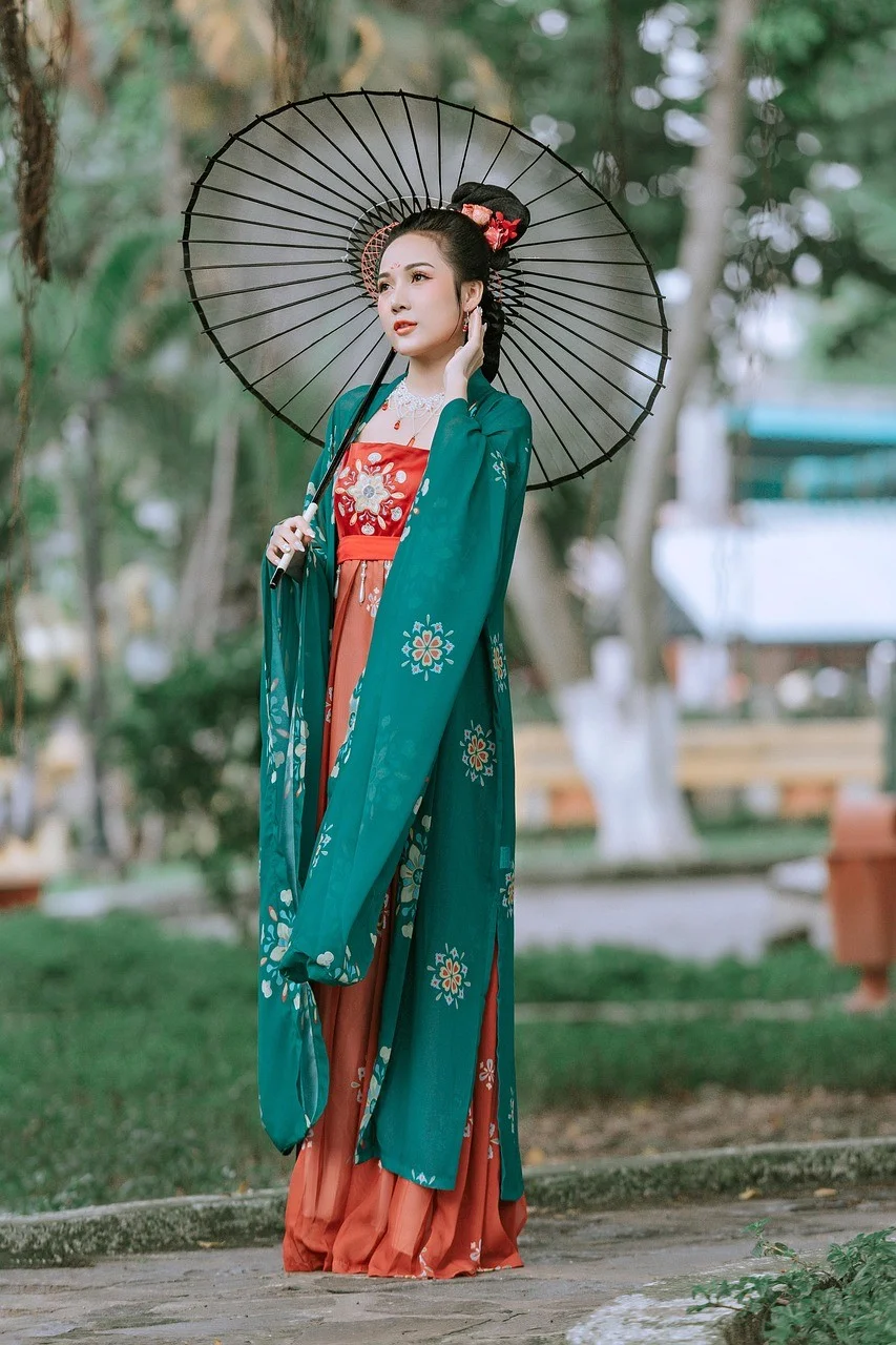 fashion, woman, chinese dress, parasol