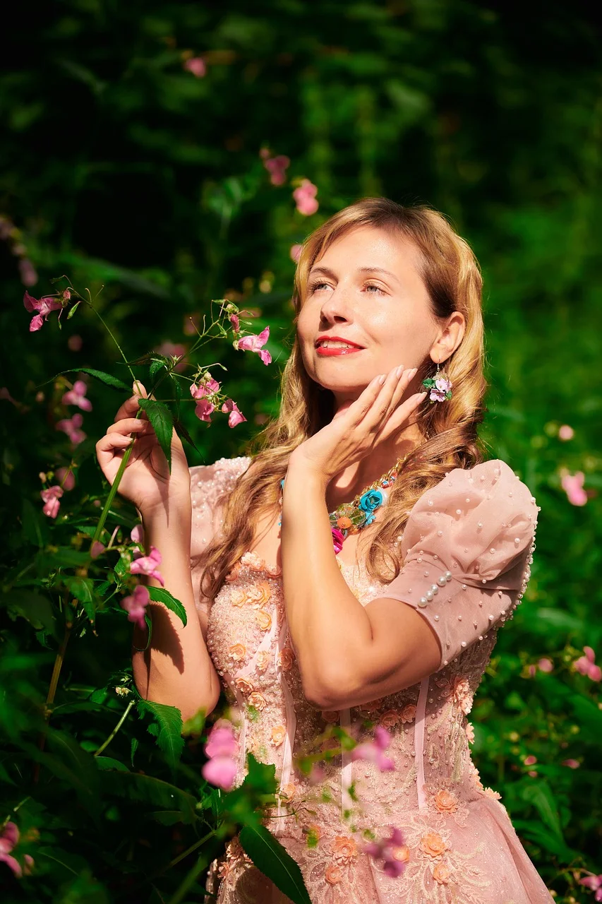 woman, ball gown, portrait, flowers