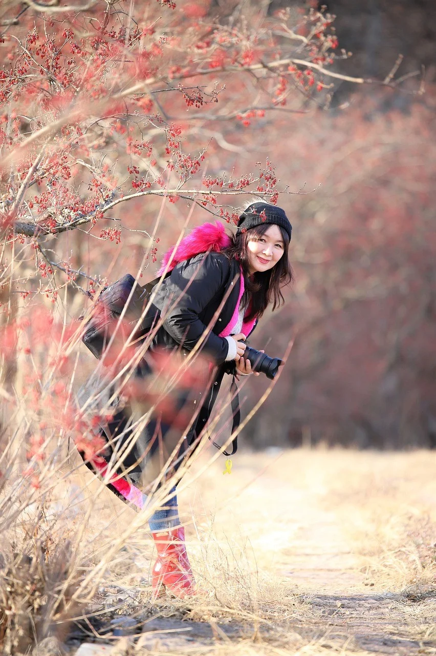woman, tourist, camera, portrait