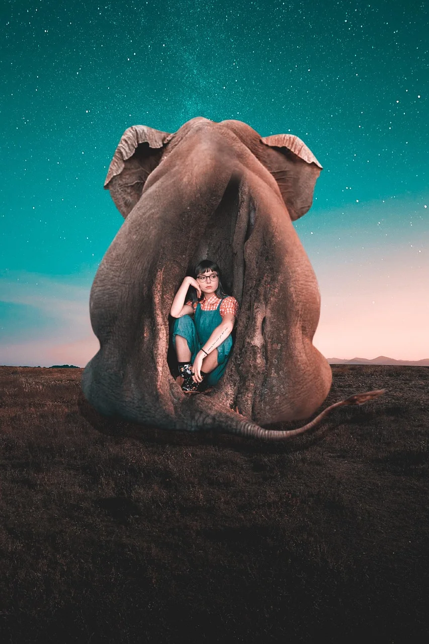 elephant, young woman, hollow, back