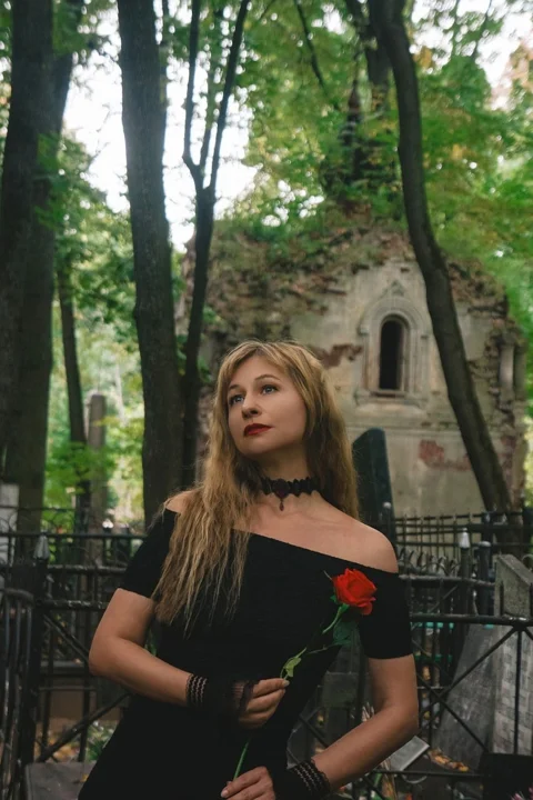 woman, red rose, long hair, black dress