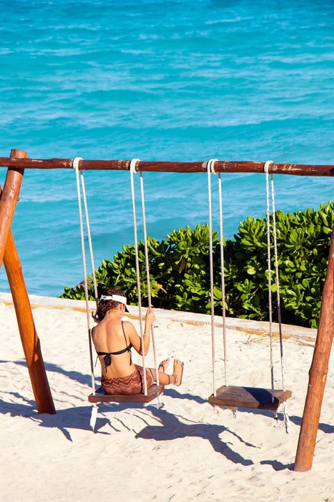 woman, swing, beach, sea