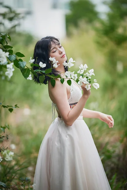 woman, portrait, model, white dress