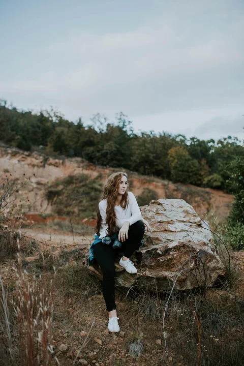 beautiful, boulder, girl, grass