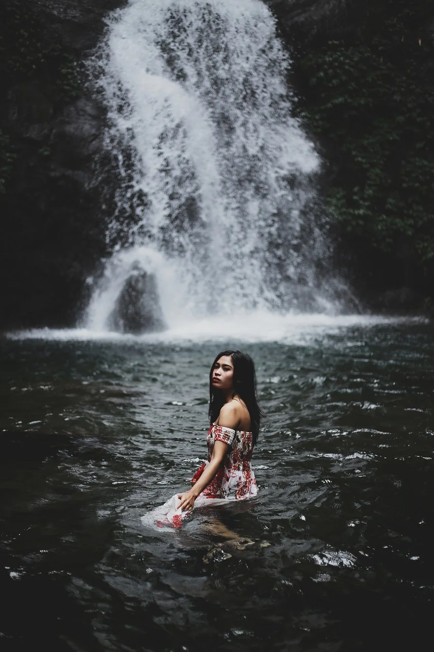 woman, model, waterfall, nature