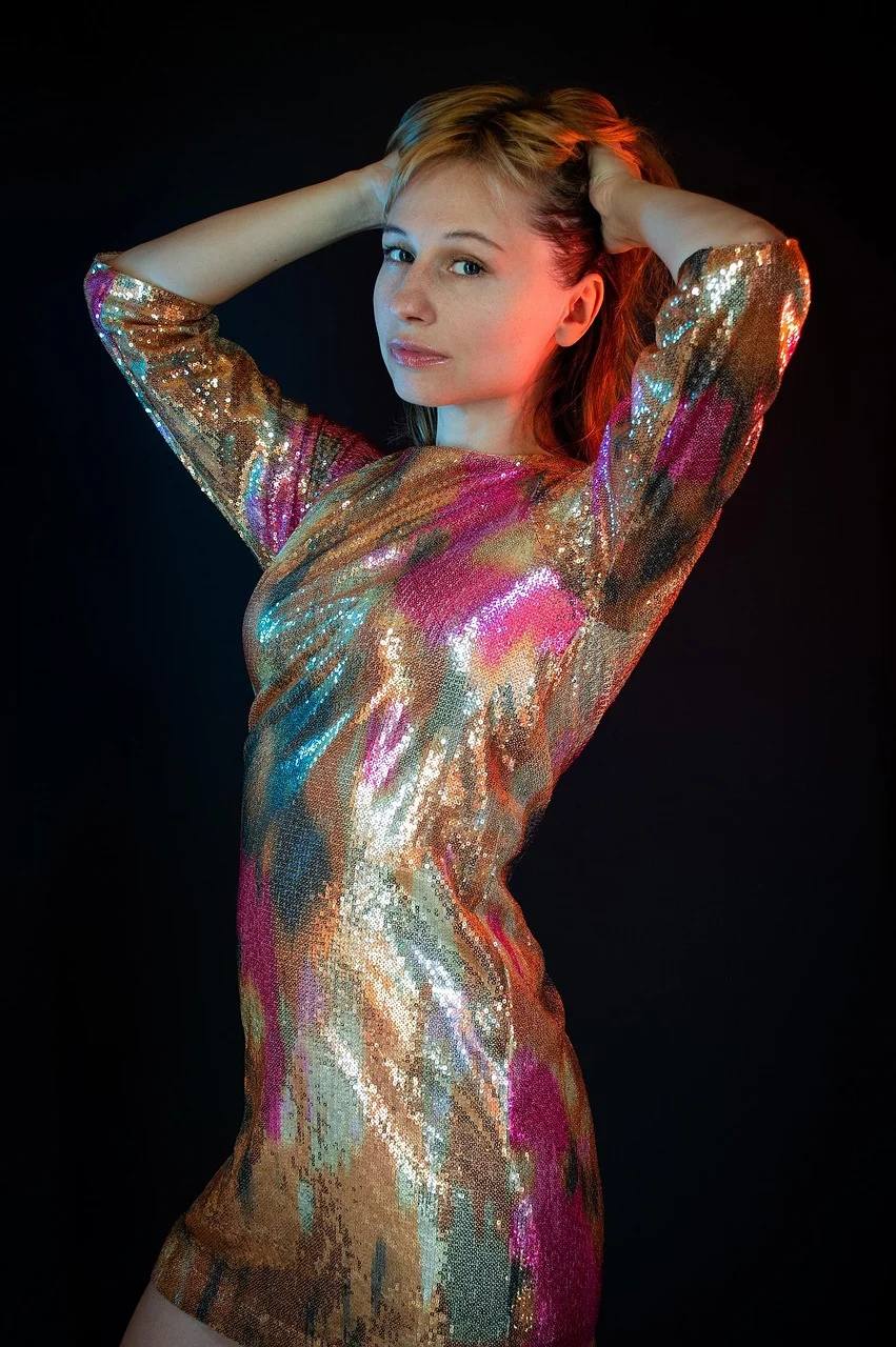 woman, sequins, dress, portrait