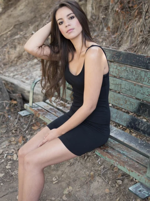 model, dress, dark-haired, bank
