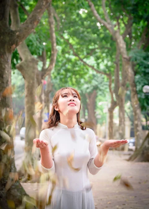 woman, park, trees, portrait