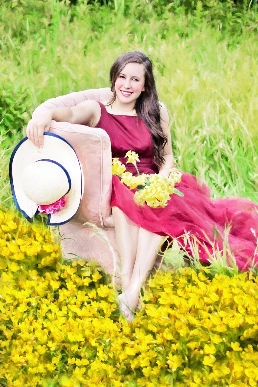 pretty woman, flowers, yellow, field