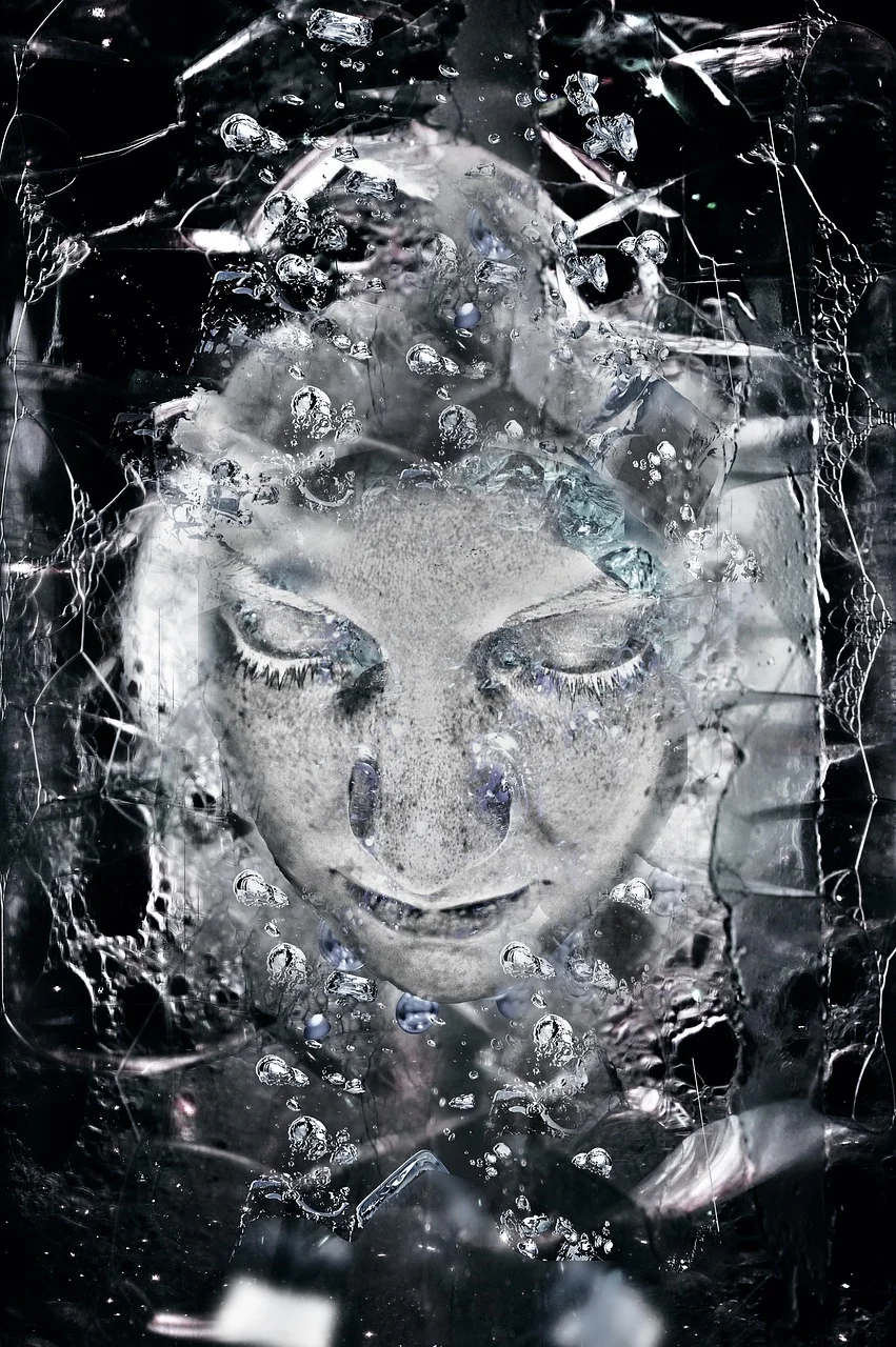 face, woman, underwater, bubbles
