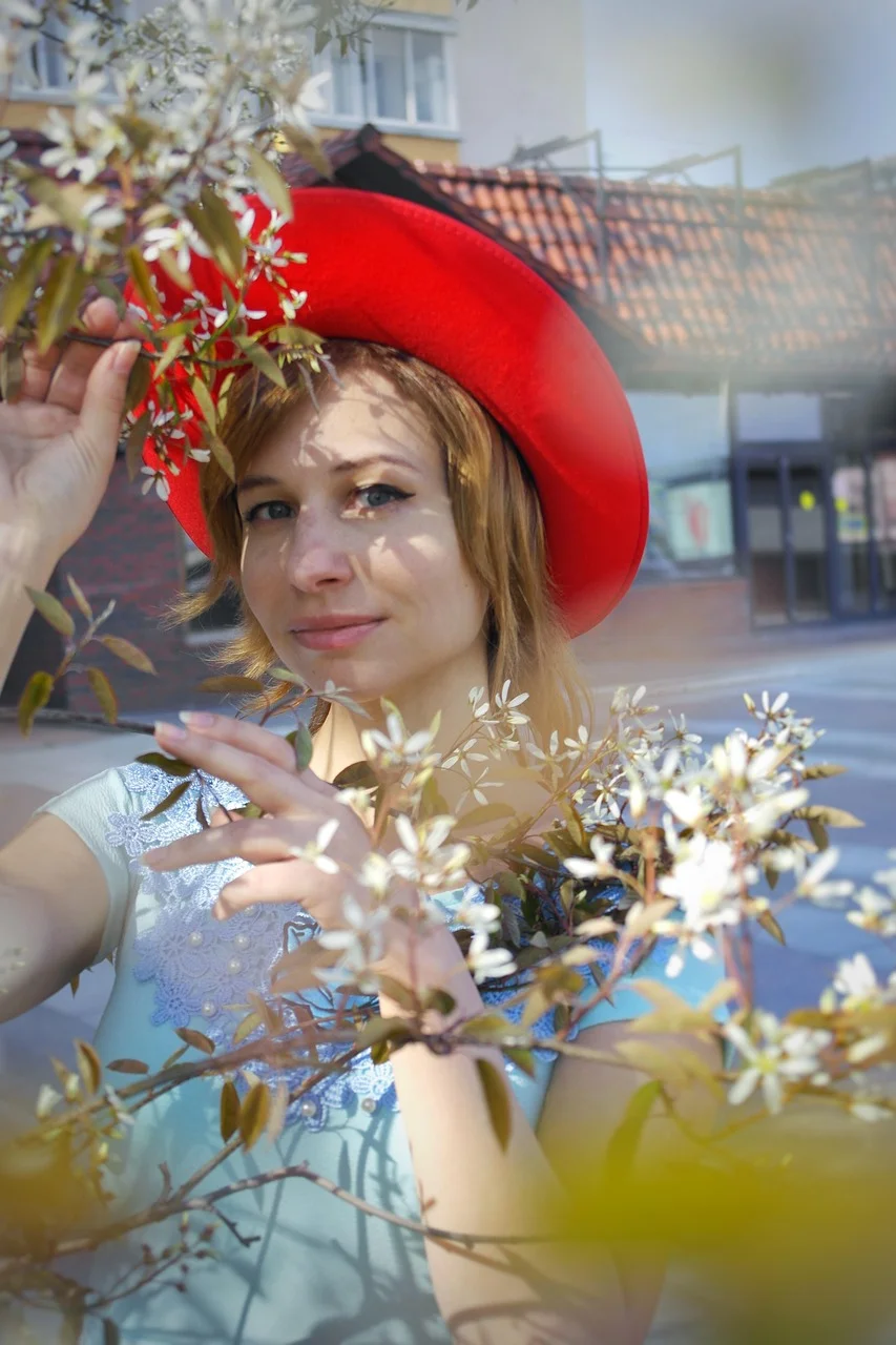 portrait, hat, flowers, person