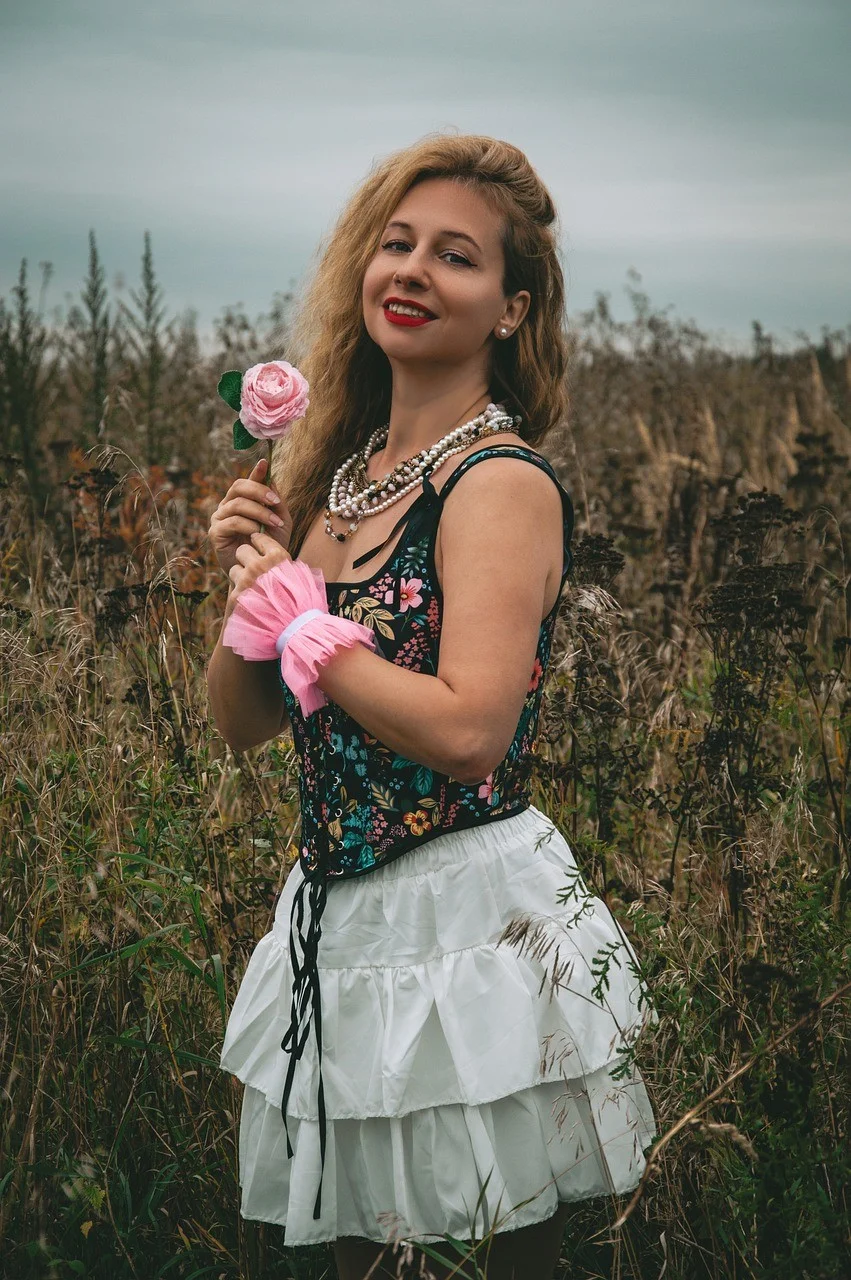 woman, portrait, rose, field