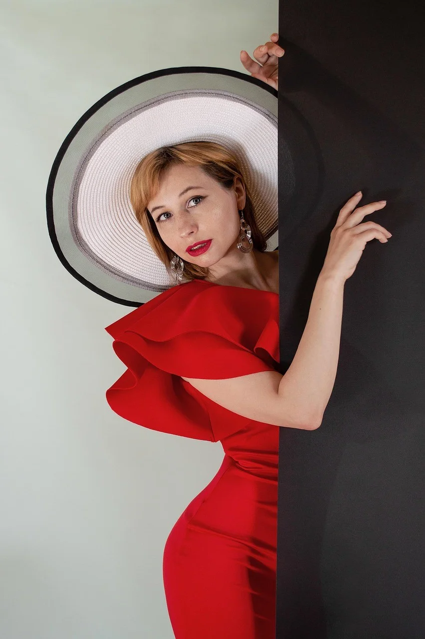 fashion, woman, red dress, hat
