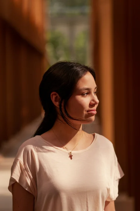 a woman looking at something