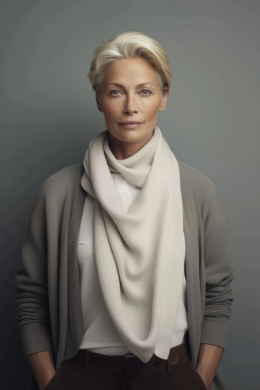 older woman, fashion portrait, natural beauty, knitted scarf