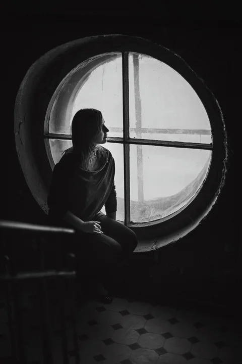 dark, room, round, window