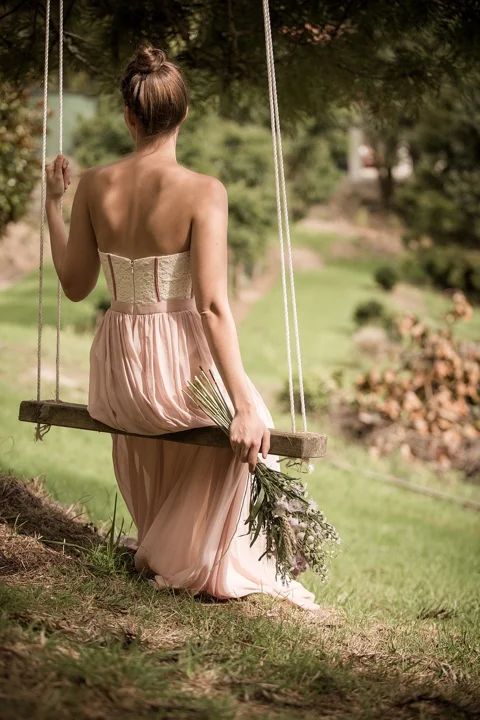 woman, swing, dress, bouquet
