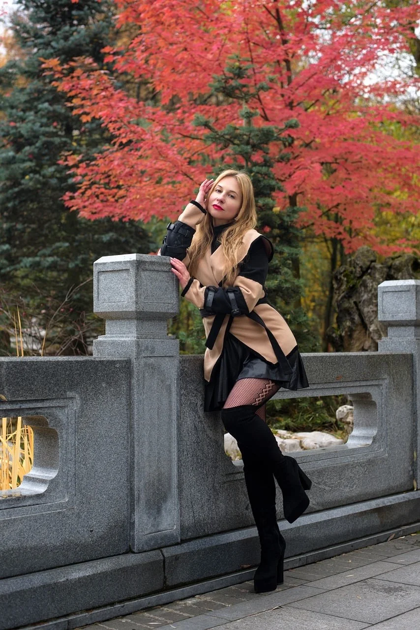 woman, autumn, chinese park, portrait