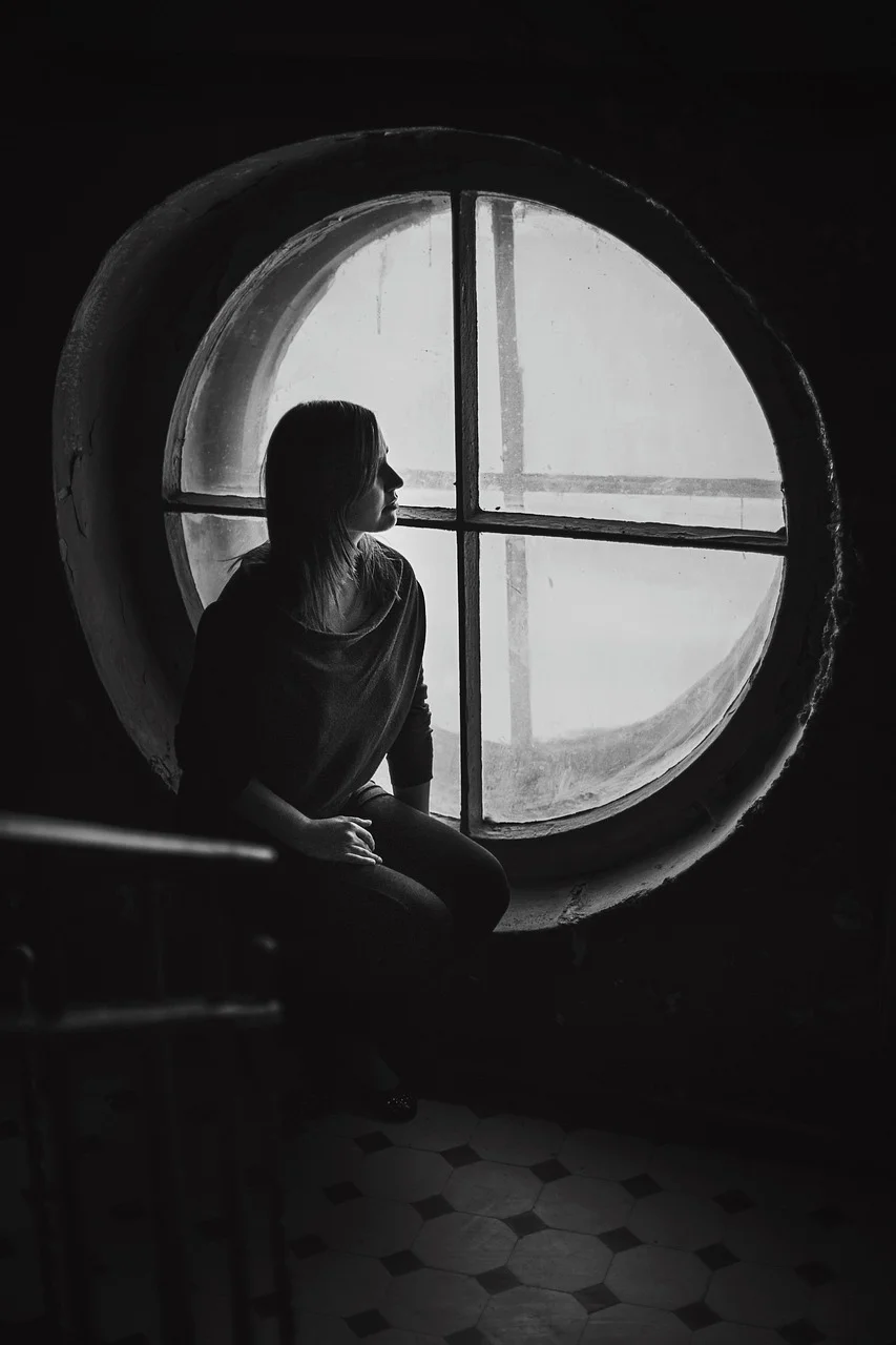 dark, room, round, window