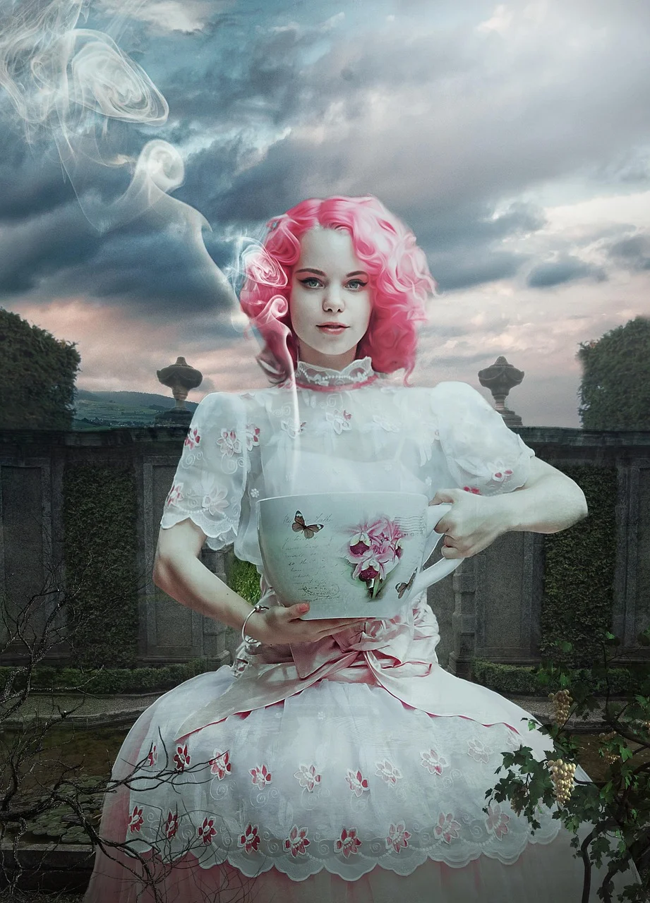 woman, cup, fantasy, victorian dress