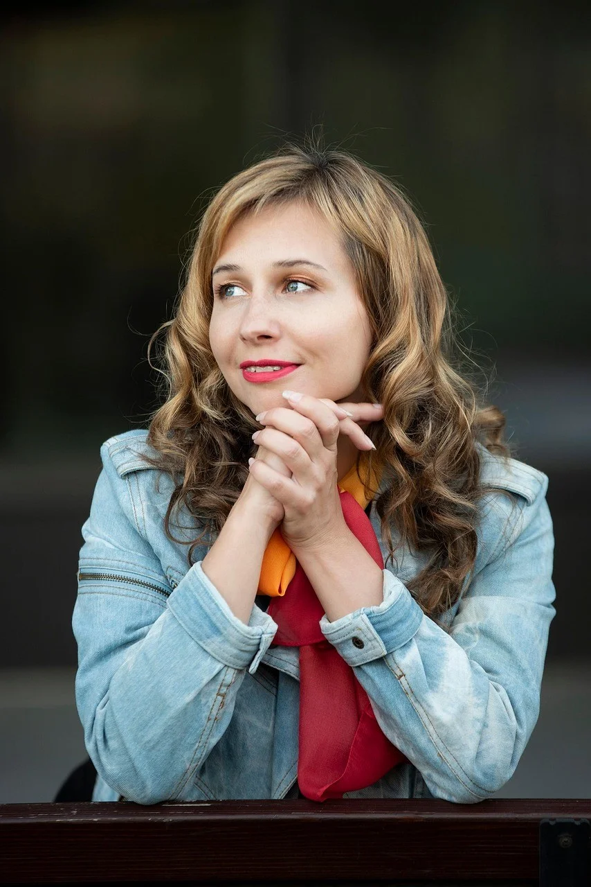 woman, scarf, jean jacket, curly