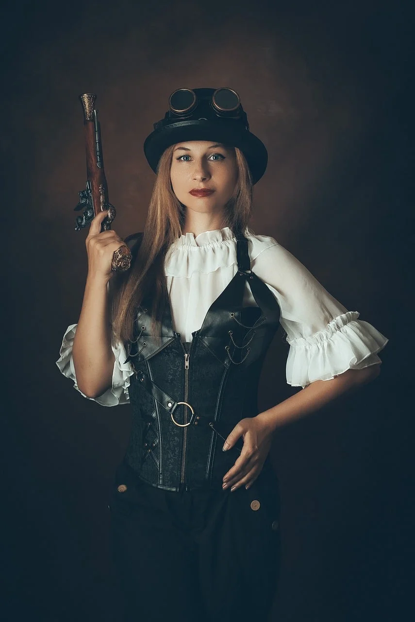 steampunk, woman, costume, pistol