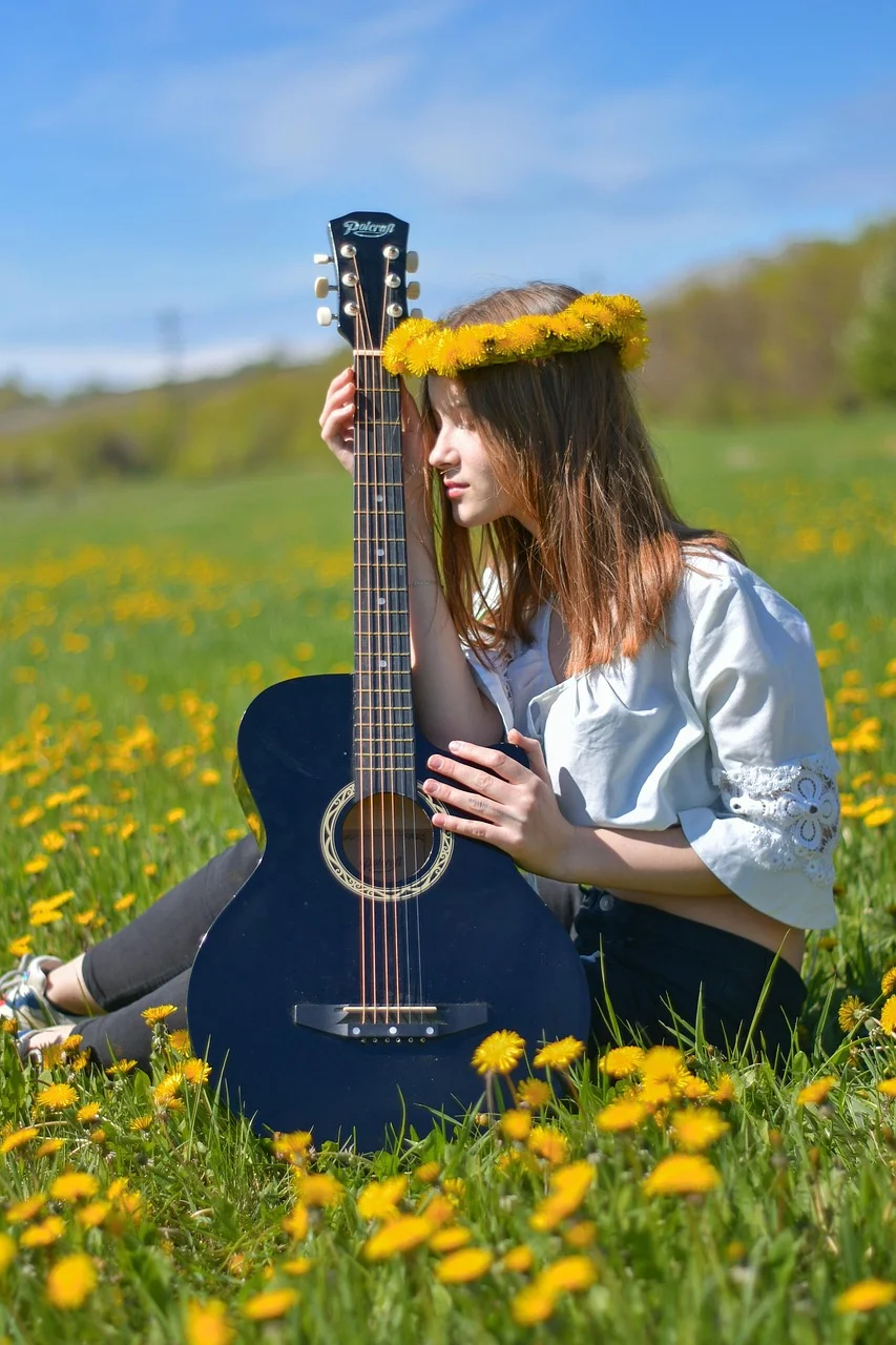 young woman, guitar, flowers, portrait