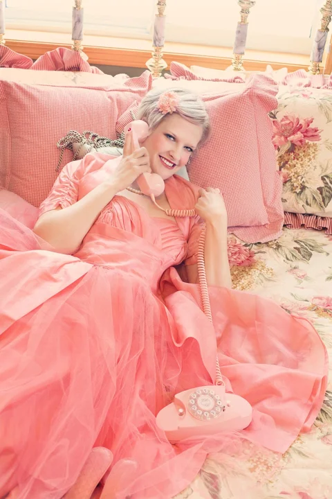 vintage, pink, on the phone, pretty young woman