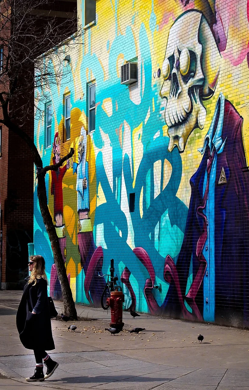 montreal, mural, woman, pedestrian