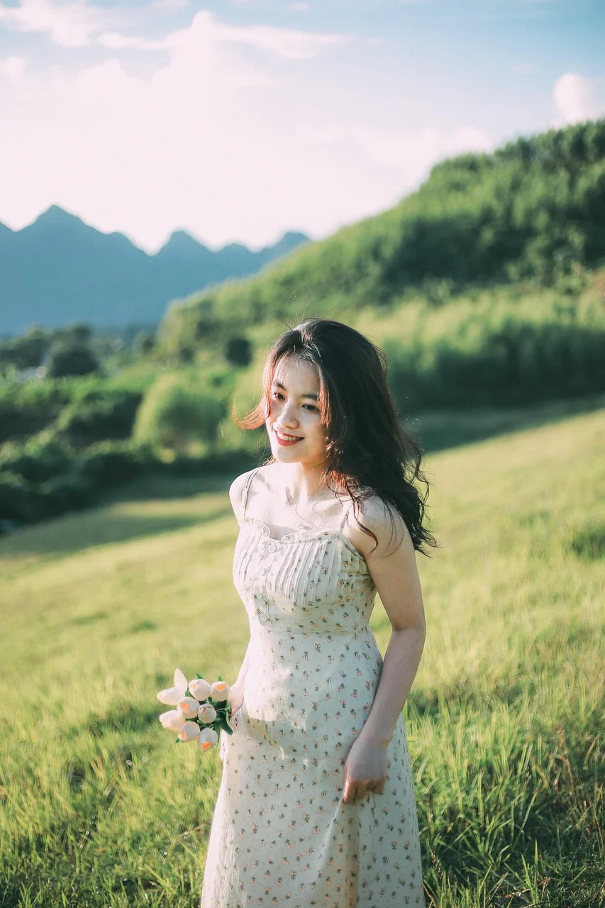 アジア人女性, チューリップ, ポートレート, 草