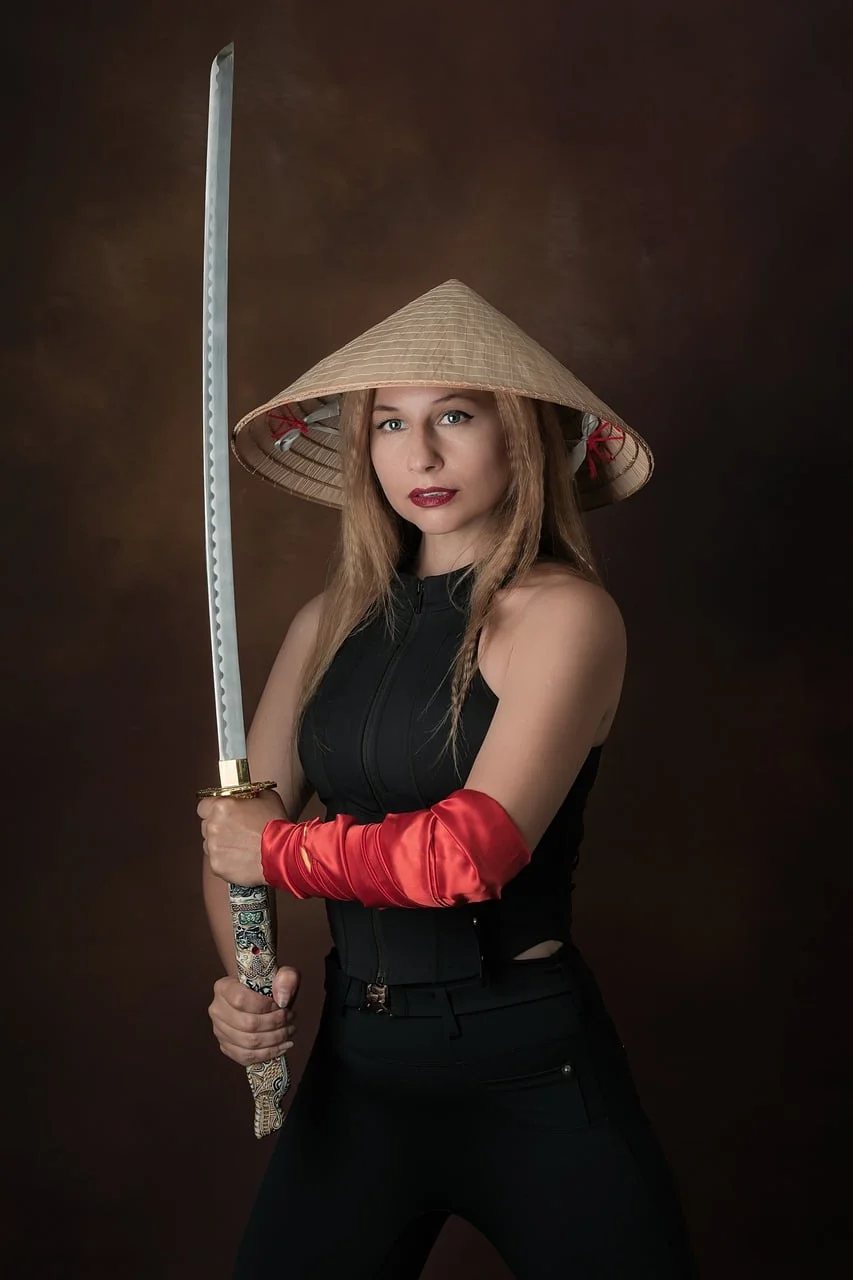 woman, samurai, hat, sword