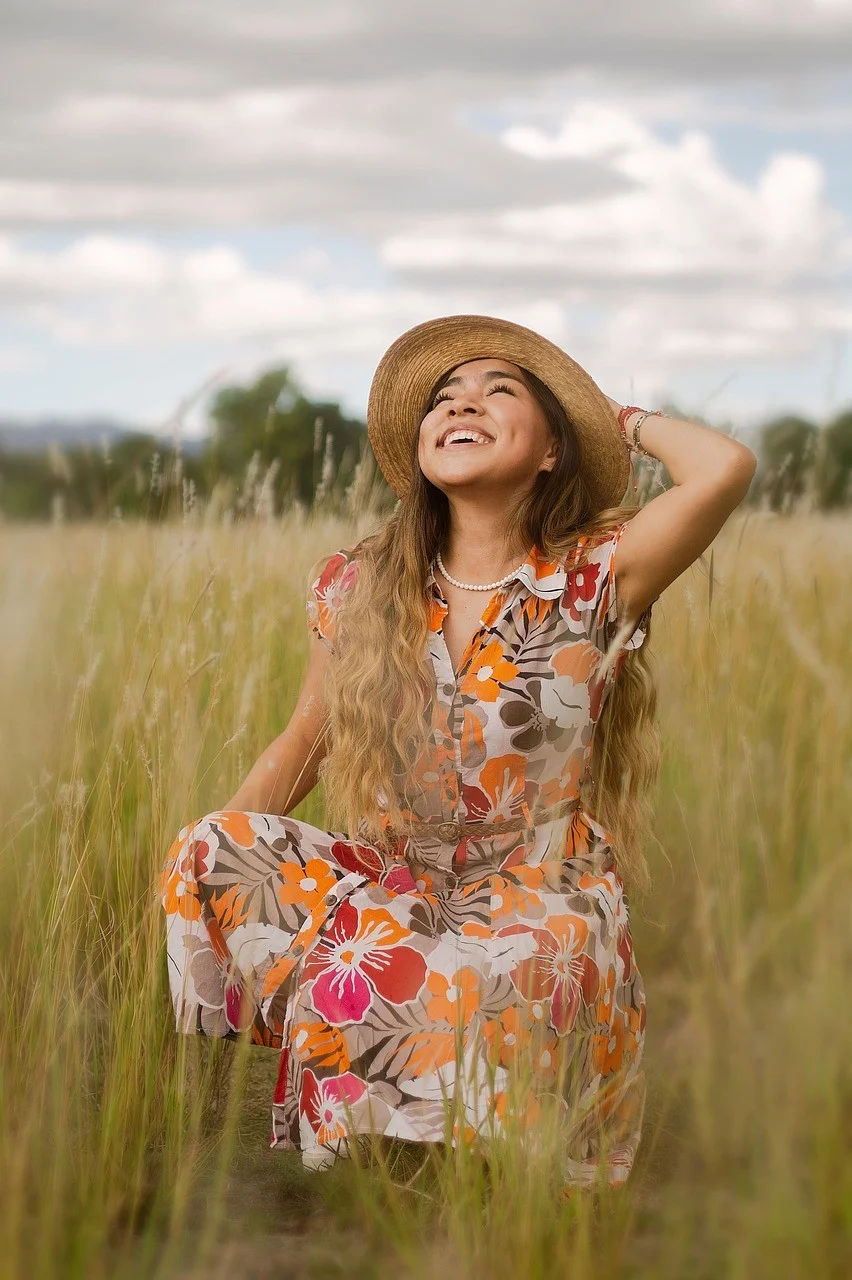 woman, field, portrait, outdoors