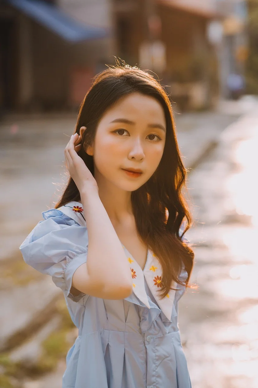 sunset, woman, street, portrait