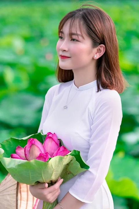woman, ao dai, lotus, portrait