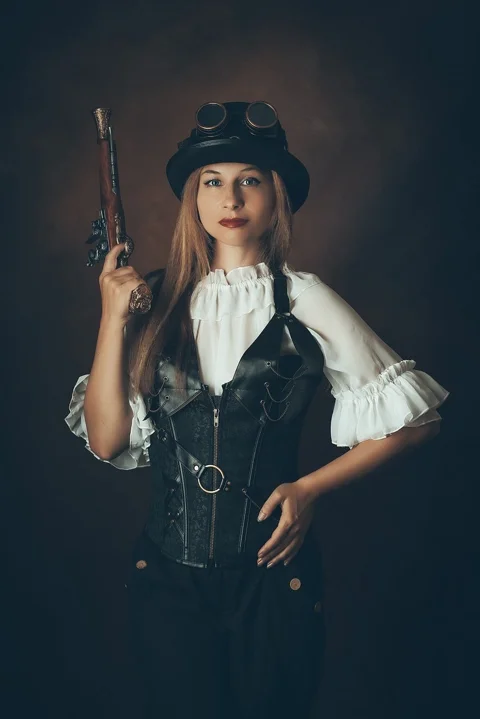steampunk, woman, costume, pistol