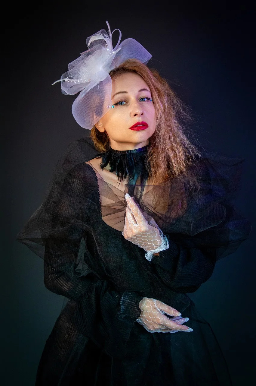 woman, portrait, hat, veil
