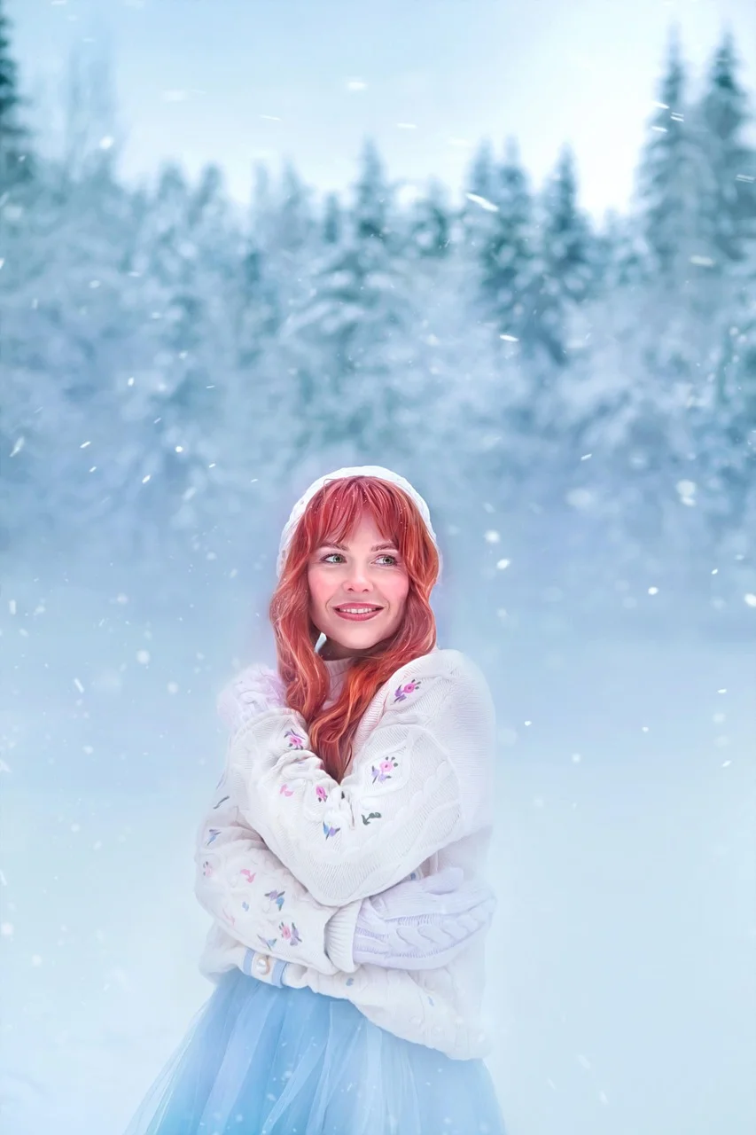 redhead, young woman, lake, winter