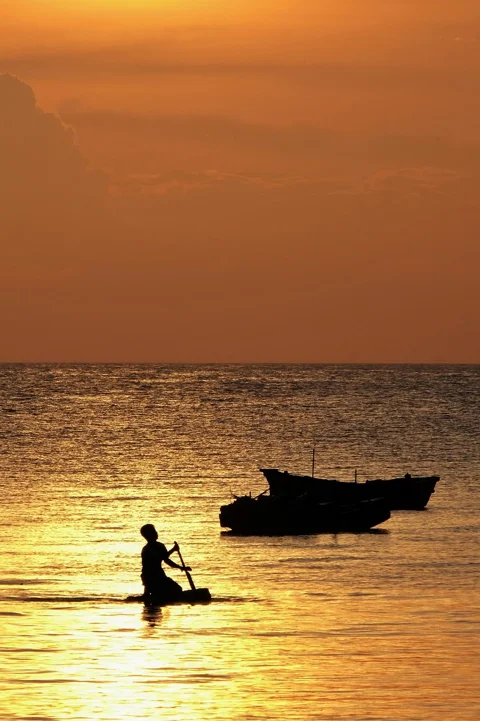 sunset, sea, boat, people