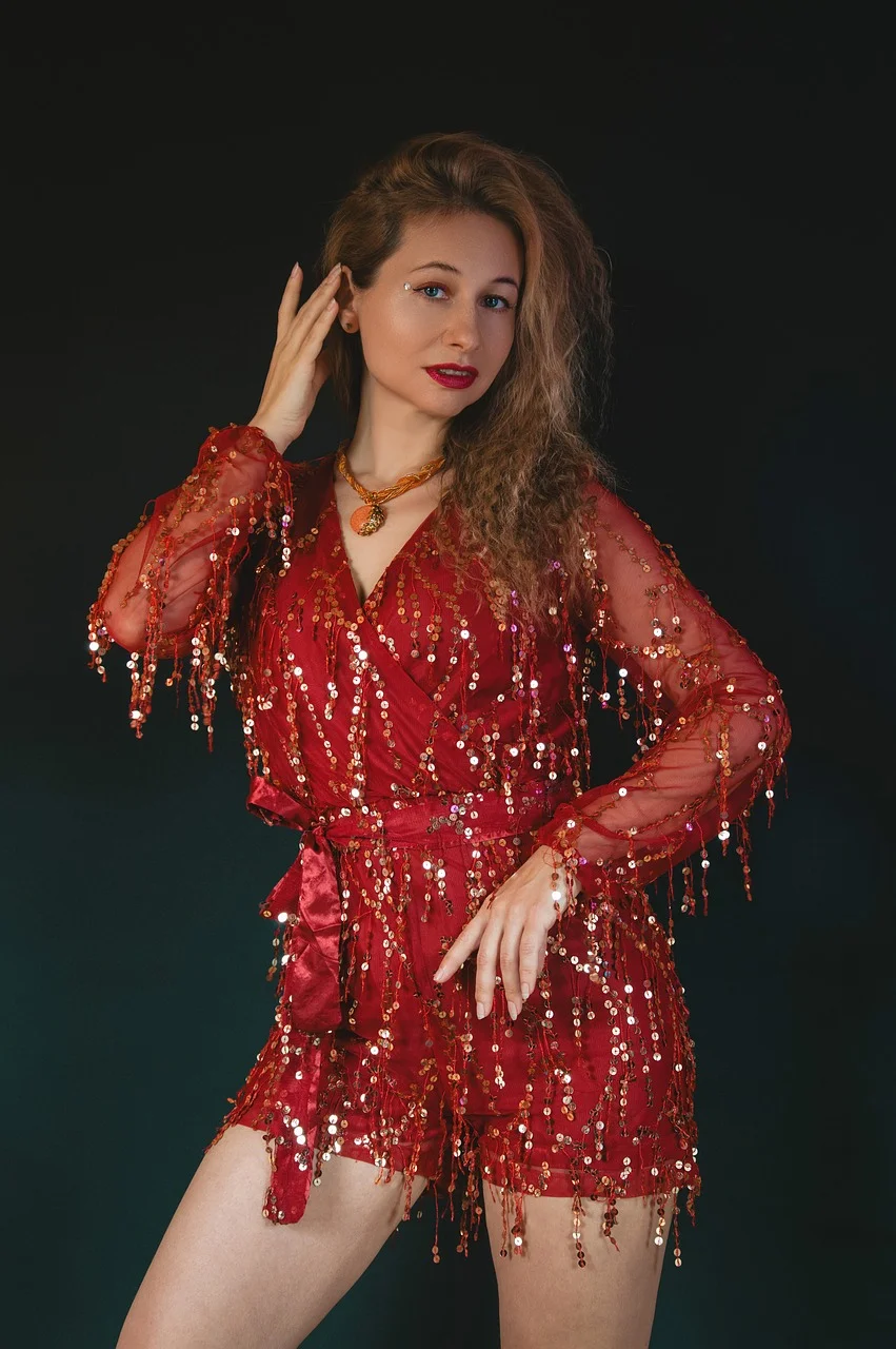 woman, portrait, evening jumpsuit, sequins