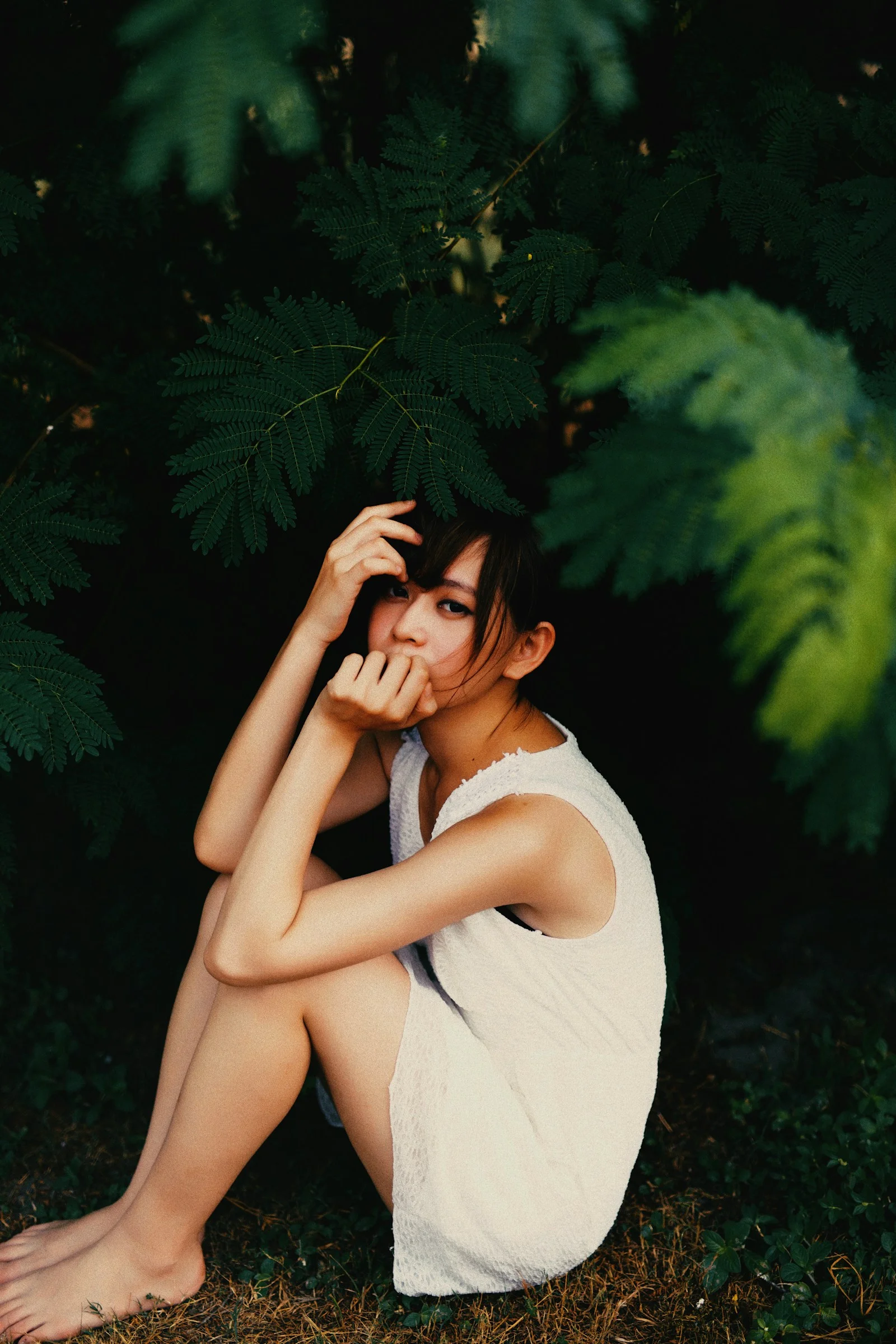 坐在樹下的女性