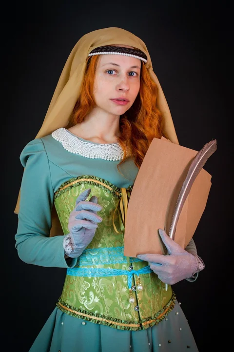 woman, scroll, document, pen