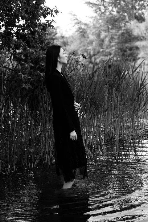 river, young woman, bw, woman