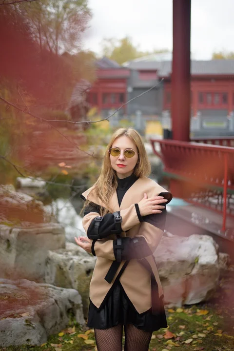 woman, autumn, chinese park, portrait