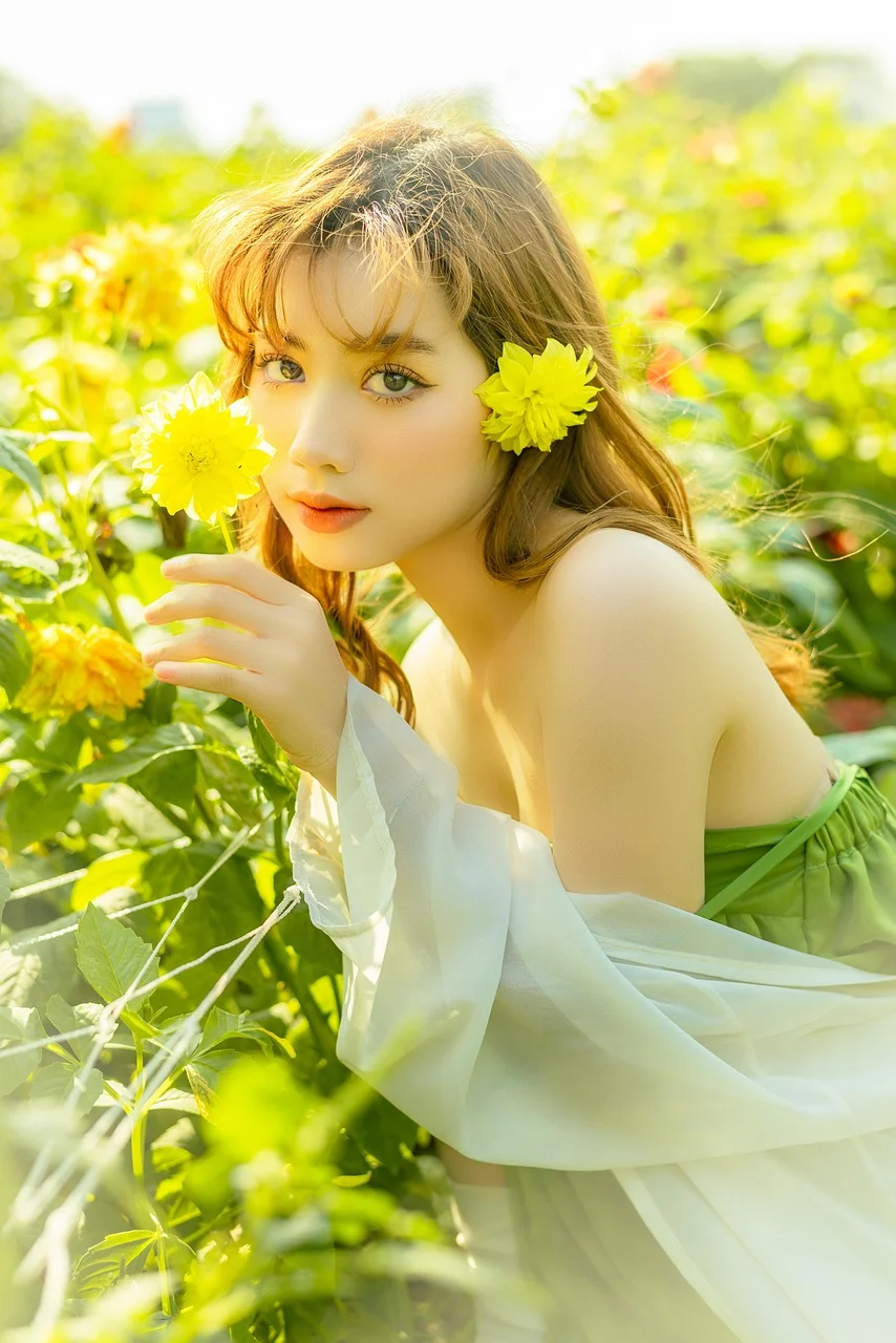 woman, model, flowers, field