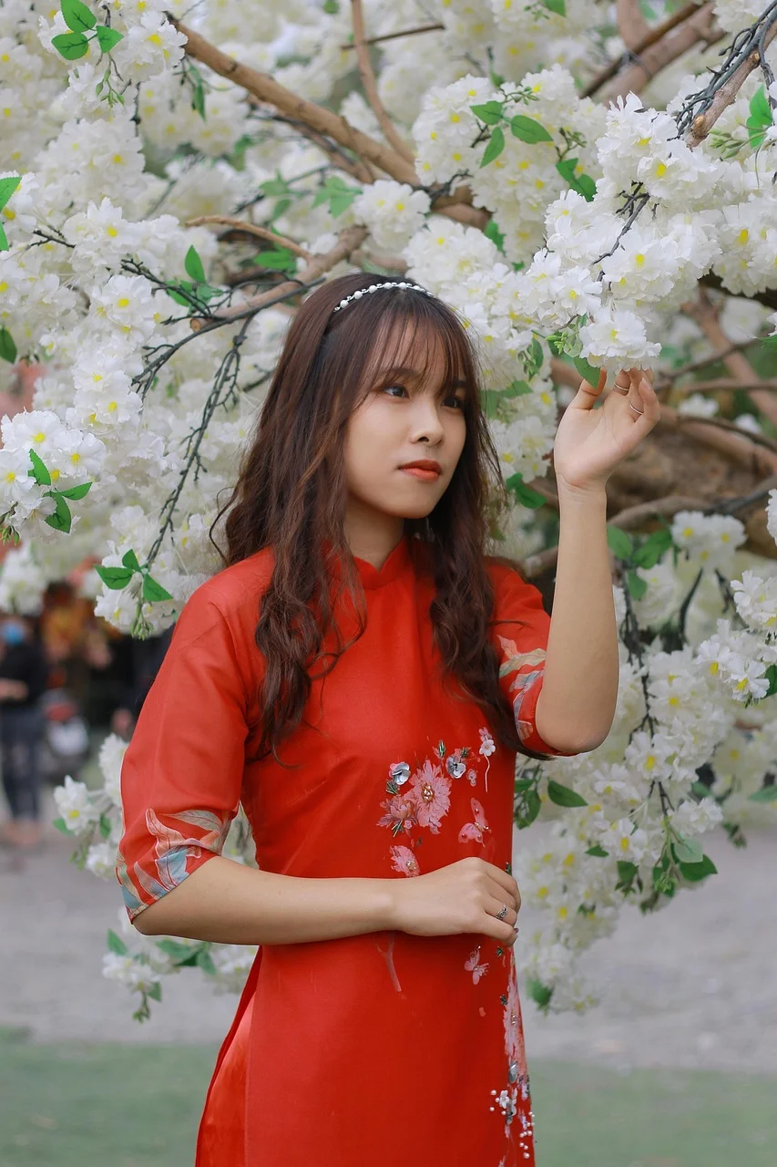 woman, áo dài, peach blossom, apricot flowers